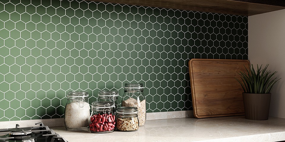 Modern Interior Olive Green Mosaic backsplash.