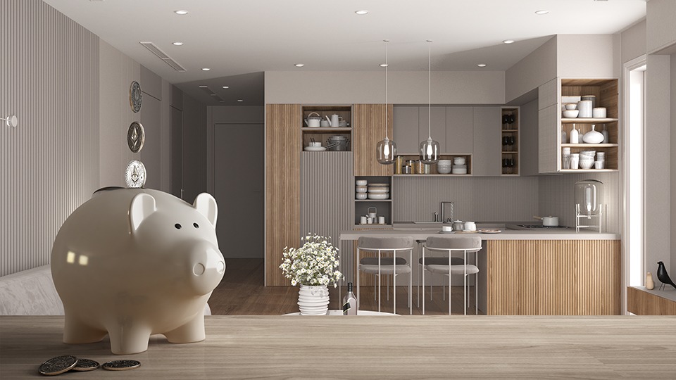 Wooden table top or shelf with white piggy bank with coins, modern bright kitchen with dining table, expensive home interior design, renovation restructuring concept architecture, 3d illustration