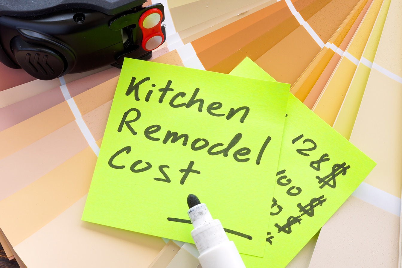 Kitchen remodel cost sign with calculations on the piece of paper.