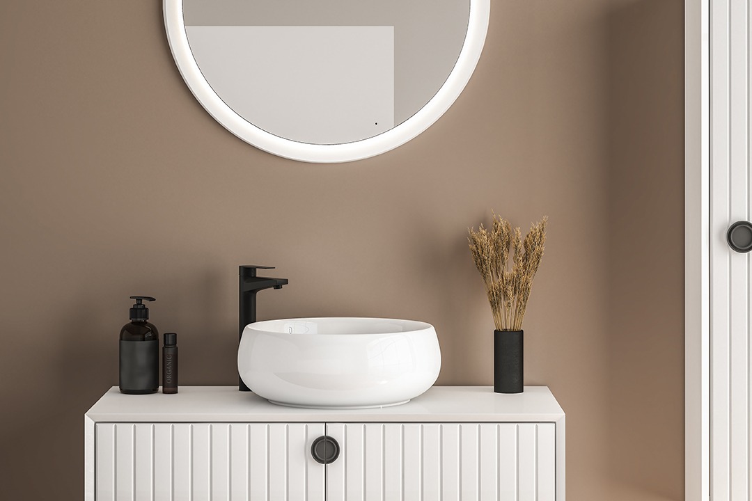 3D render an wooden vanity counter with white ceramic washbasin and modern style faucet in a bathroom with morning sunlight and shadow. Blank space for products display mockup. 3D Rendering