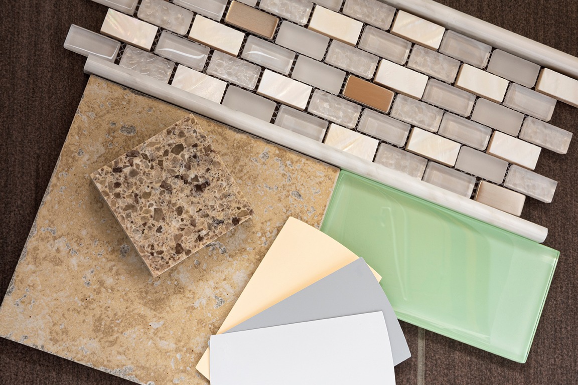color swatches against tile backsplash countertop floor remnants for bathroom remodel