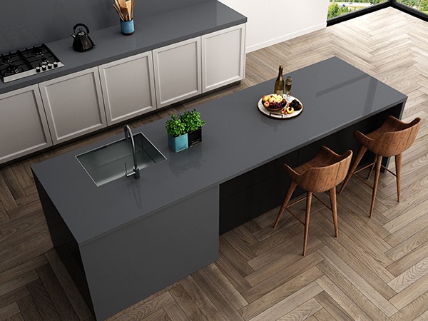 kitchen interior with black bar island on hardwood floor, Top view. Cooking corner with shelves and kitchenware, panoramic window on tropics. 3D Rendering